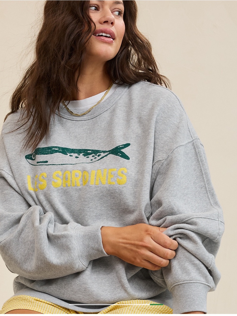 aerie go-to sardines Sweatshirt w/ Green Fish Graphic & Yellow Text oversized XS
